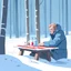 Placeholder: a sad depressed Finnish man with his empty plate, outside his house in the forest, Winter, snow, very cold, Finnish flag at half way up, Finnish flag, a bottle of Vodka in his hand, knifes and sauna, Simon Stålenhag style, lying empty vodka bottles on ground, graveyard with crosses