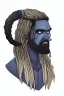 Placeholder: A tieffelin with blue skin and white Dreadlock hair. His pupil-less eyes are green. He wears a small beard. His horns are black and curved backwards. He wears a beige tunic.