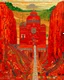 Placeholder: A red pixelated mine with railroads designed in Kuna molas painted by Gustav Klimt