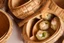 Placeholder: A selection of Dim Sum in bamboo steamer baskets, on a table in a posh restaurant using the Sony Alpha A7R IV, food photograpy style, macro lens, close up shot 50mm f/ 1, 4