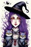 Placeholder: Cute friendly witch, playing with cute cats, perfect eyes, perfect iris, ink and pencil, style Elisabeth Kreitz