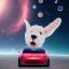 Placeholder: Kim Kardashian driving a Tesla Model 3 flying in outer space with a stuffed puppy in the passenger seat