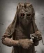 Placeholder: horror burlap sack mask serial killer holding a chainsaw wearing old bloody and dirty torn clothing full body shot" trending on Artgem style 8k