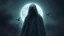 Placeholder: In a mesmerizing and ethereal manner, an otherworldly being emerges in the form of a translucent grey hood statue flowing smoky black robes. Forward facing full moon and birds in the background