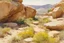 Placeholder: Sunny day, rocks, big rocks, vegetations, distant mountains, sci-fi, anna boch, and willem maris paintings