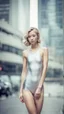 Placeholder: beautiful anorexic asian girl, total shot, shiny silver triathlon swimsuit, short blond wavy bob hair, blurred city background