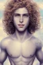 Placeholder: beautiful 12 year old arabic boy with long, blonde curly hair and light blue eyes, smiling, shirtless, bitten by a vampire, photorealistic