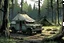 Placeholder: camp, forest, post-apocalypse, front view, comic book, cartoon, pickup,