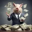 Placeholder: rich pig in suit making stacks of money by making a deal with a buisnessman