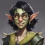 Placeholder: dnd, portrait of cute young orc-elf hybrid femboy, black hair, short hair, curled hair, hair covering one eye, emo hair, round glasses, tusks, sharp teeth, yellow eyes, flat chest, mage, magic, nose ring, pierced ears, twink, smile