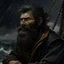 Placeholder: The large angry black haired bearded shipper "Boatsman" looking out at a stormy sea realistic grimdark