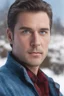 Placeholder: Blue eyes, close-up facial portrait - a Bright, well-lit UHD, 1080p 32k, photograph - winter time, hunting season, part Jesus Christ, part Elvis Presley with a mustache and short crew-cut hair, part Lee Majors, Part red and black checkered wool coat, blue jeans, cowboy boots, plaid shirt, sunbursts, crosses, 3D lighting, diamonds, hearts, Butterflies, Clovers, Roses, extremely colorful,