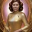 Placeholder: hyperspace background, complete and photo realistic detailed head to waist stunning photo realistic portrait of carrie fisher as Princess Leia in star wars with photo realistic updo hair by Mandy Jurgens and mucha and Richard Schmid and chuck close and chie yoshii, extraordinary and detailed ceremony dress of star wars,brown eyes