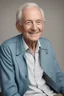 Placeholder: a thin beautifully carved frame for a male portrait, 80-year-old Harold Kendall sitting facing almost forward, thin, short-cut, gray hair, short mustache, clean shaven chin, medium build, bright blue eyes, tan leather jacket with wide collar, light blue button up shirt, Blue Jeans, Smiling a silly smile