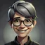 Placeholder: portrait a woman round face smiling thick lips pixie gray hair cut big black round glasses Pixar style