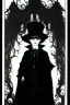 Placeholder: 7 year old boy, necromancer, friendly, looks dead, surrounded by weird smoke with eyes, wearing black robes, in the style of Harry Clarke