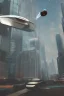 Placeholder: A flying car being drived by a robot between buildings in future city.