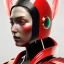 Placeholder: woman, rounded face, red, round helmet, decorative color feathers, retro futuristic, latex coat, soft color, highly detailed, art stations, concept art, smooth, unreal engine 5, god rays, ray tracing, RTX, lumen lighting, ultra detail, volumetric lighting, 3d, finely drawn, high definition, high resolution.