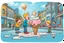 Placeholder: Fallen Ice-cream on the street in comic, caricature style, a dropped ice cream melting on street ground. Over standing a howling, crying little boy with big head. In backround adults with scared faces, people, funny birds. whimschical, detalied, funny comic picture