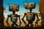 Placeholder: two crazy rusty scrappy robots drinking coffee in urban decay, negative space, wet print, ink leak, overheat, dramatic, cinematic, sudden jolt dynamics, amazing reflections and parallels and verticals, Afro-futurism, surreal futurist architecture art, surreal liminal space, tribal vibe and patterns, colors of light sky blue and beige and black