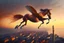 Placeholder: Ultra realistic vibrant half-human, half-horse creature (Centaur) flying after a dynamic jump in the sky before a Bird's-eye view of Istanbul at sunset, with Hagia Sofia visible, in the twilight, and fog and mist rolling in between the houses. Pastel brown and orange colors, sepia very attractive fantastic view