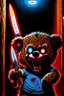 Placeholder: A maniacally laughing psycho evil teddy bear holding a knife, his one eyeball (made of a button and thread) hangs down his furry face, creepy, nightmarish, scary and surreal, the background is a bloody hallway erupted with bright multi-color flames, animatronic, cartoonist, absurdist, exaggerated, character design, horror cut v.I, horror art, five nights at Freddy, similar art to chucky, garbage art, graphic novel illustration style, videogame art, post modern cartoon, trending on artstation, Ka