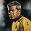 Placeholder: Captain James T. Kirk, Facial Portrait, dark, multicolored watercolor stained wall in the background, oil painting in the art style of Boris Vallejo, 32k UHD, Hyper realistic, photorealistic, realistic, sharp, highly detailed, professional quality, beautiful, awesome, majestic, superb, trending on artstation