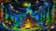 Placeholder: a neon psychedelic cabin all alone in the vast wilderness. smoke coming from the chimney. mushrooms scattered all around the cabin! rare animals around and a gorgeous neon sky. millions of tiny stars in the night sky. a cozy warm feeling. Gnomes, bears, owls, fox.neon streaks across the nebulous sky. a campfire surrounded by mushrooms and Fairys. fireflies all around glowing.