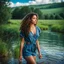 Placeholder: upper body closeup of very beautiful girl walks in water in country side , curly hair ,next to small clean water river,pretty clouds in blue sky