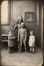 Placeholder: 1900's black and white vintage photo, interior, alien human hybrid small creature with a family that is sad, captured on square format film, grainy, aged