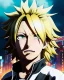 Placeholder: Detailed anime portrait of denki Kaminari my hero academia, yellow hair, black suit, intricate details, full body portrait, keep head in frame, slight smile, black Japanese motif, concept art, highly detailed, digital painting, concept art, sharp focus, illustration, art by Yoji Shinkawa, WLOP and greg rutkowski and alphonse mucha and artgerm and yanjun Chen and Junji ito and Makoto Shinkai, HDR, octane render