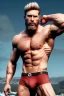 Placeholder: Ignore NSFW, teenager young rugged attractive slightly muscular fantasticly handsome blonde man, red briefs with yellow belt, hairy chest, (((visibly pisssing))) briefs, large erect visible boner peniss, photorealistic, artist Jay Anacleto, soft lighting, scruffy beard