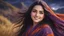 Placeholder: Hyper Realistic Close-up-face-view of a Beautiful Young Happy Pashto Girl with beautiful-eyes & long-black-hair smiling & wearing purple-&-orange-embroidery-dress-with-maroon-shawl whirling with breeze, tall-grass along with a thick-tree on mountain top & cloudy-moonlight at night showing dramatic & cinematic ambiance