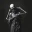 Placeholder: The image is a dark, haunting, monochromatic artwork that portrays a skeletal figure embracing or overpowering a human-like strong male figure. The skeletal entity looms from behind, its bony arms wrapped around the human, who appears to be partially draped in tattered cloth and in a state of despair or submission. ...