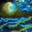 Placeholder: Pointillist artwork. Medium shot. Animated waves and storm clouds partially occlude the huge moon in a nighttime sea storm. Wide angle lens. Mikalojus Konstantinas Ciurlionis inspired pointillism with Miriam Schapiro's vibrant colors. Geometric shapes and patterns reminiscent of Naomi Okubo's style. Screen print textures and pop art aesthetic. Triadic colors with blue, yellow, and red hues. Golden hour glow with symmetrical composition. 8k resolution, highly detailed, trending on Artstation, fol