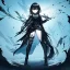 Placeholder: Anime girl with short black hair and sharp green eyes, holding a pike, full body black and white metal plate armour, close full body shot, Dramatic lighting,1woman, soaked in blood, standing pose, lean body, simplistic background