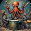 Placeholder: Surreal anthropomorphic Octopus playing drums in a rock and roll band, multiple arms holding drumsticks, large drum set, by Dave McKean, by Tim White, by Aaron Brooks, modern comic book art, maximalist, palpable textures, distressing hues, McKean's distinctive visceral style, detailed line work, rich sharp colors.