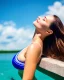 Placeholder: close up shot of very beautiful model girl swimming in water wearing swim suit ,country side ,nice cloudy sky,country houses