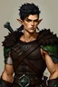 Placeholder: medieval style, a young, tall, male elf man with mullet cut black hair, wearing leather armor. muscular build. tan skin. large arms. large chest. thick neck. green accent armor.