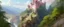 Placeholder: A pale pink castle near a gorge painted by Zosan