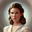 Placeholder: hyperspace background, complete and photo realistic detailed head to waist stunning photo realistic portrait of young carrie fisher as Princess Leia in star wars with photo realistic hairstyle by Mandy Jurgens and mucha and Richard Schmid and chuck close and chie yoshii, extraordinary and detailed ceremony dress of star wars,brown eyes