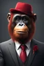 Placeholder: Anthropomorphic orangutan with red hat, hyper-realistic suit and tie 8k