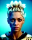 Placeholder: portrait, Shakira, blonde artist, angry, Realistic image, MMA robe, hoodie, mma gloves, fight pose, make-up make-up, gold line make-up, sweat, fog, goddess style, Neon colors, leds. Black background, photo studio, concept art, smooth, unreal engine 5, god lights, ray tracing, RTX, lumen lighting, ultra detail, volumetric lighting, 3d, finely drawn, high definition, 4k.