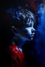 Placeholder: painting a red and blue abstract boy painted in oil on a textured canvas, set against a stark black background, striking contrast, fluidity and grace of the traditional figure --ar 3:4 --style raw