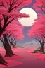 Placeholder: a land scape of Japanese garden, big red moon, red light, black sky, starlight night , surrounded by cherry blossom trees, cel shading