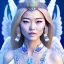 Placeholder: portrait of a beautiful mongolian woman with an angel face smiling,long blond hair, blue eyes, pink and blue dress, jewels, soft light aura