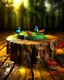 Placeholder: 🛠️ Tool: ChatGPT 👉 Prompt used: "Ultra-realistic surreal macro scene of a broken tree stump placed on a wooden surface, its hollow interior transformed into a vivid miniature landscape featuring a winding dirt path leading through lush green grass, small flowering plants, and delicate trees under a soft glowing sky; two colorful birds—one blue and yellow, one red and brown—perch on either side of the path, adding life and contrast; above the scene, a large sharpened wooden pencil hovers diagon