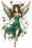 Placeholder: Forest fairy with iridesand teal wings and a cute short leaf dress and pointed ears and multiple vine earings and ear cuffs flying through a mythical forestand brown wavy hair trailing her