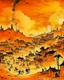 Placeholder: An orange colored western town engulfed in smoke designed in Lascaux cave paintings painted by Lucas van Leyden