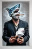 Placeholder: man with catfish shark head smoking a cigarrette in the style of banksy